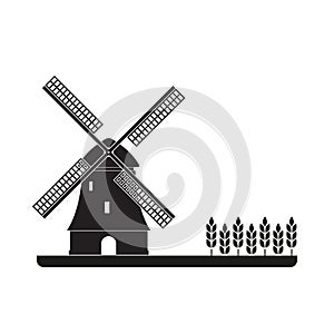 Windmill and wheat ears. Mill symbol. Agriculture landscape. Vector illustration in flat style.